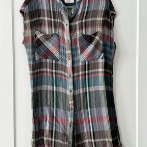HOLDING HORSES Plaid Button-Front Sleeveless Dress in blues, greys and reds
